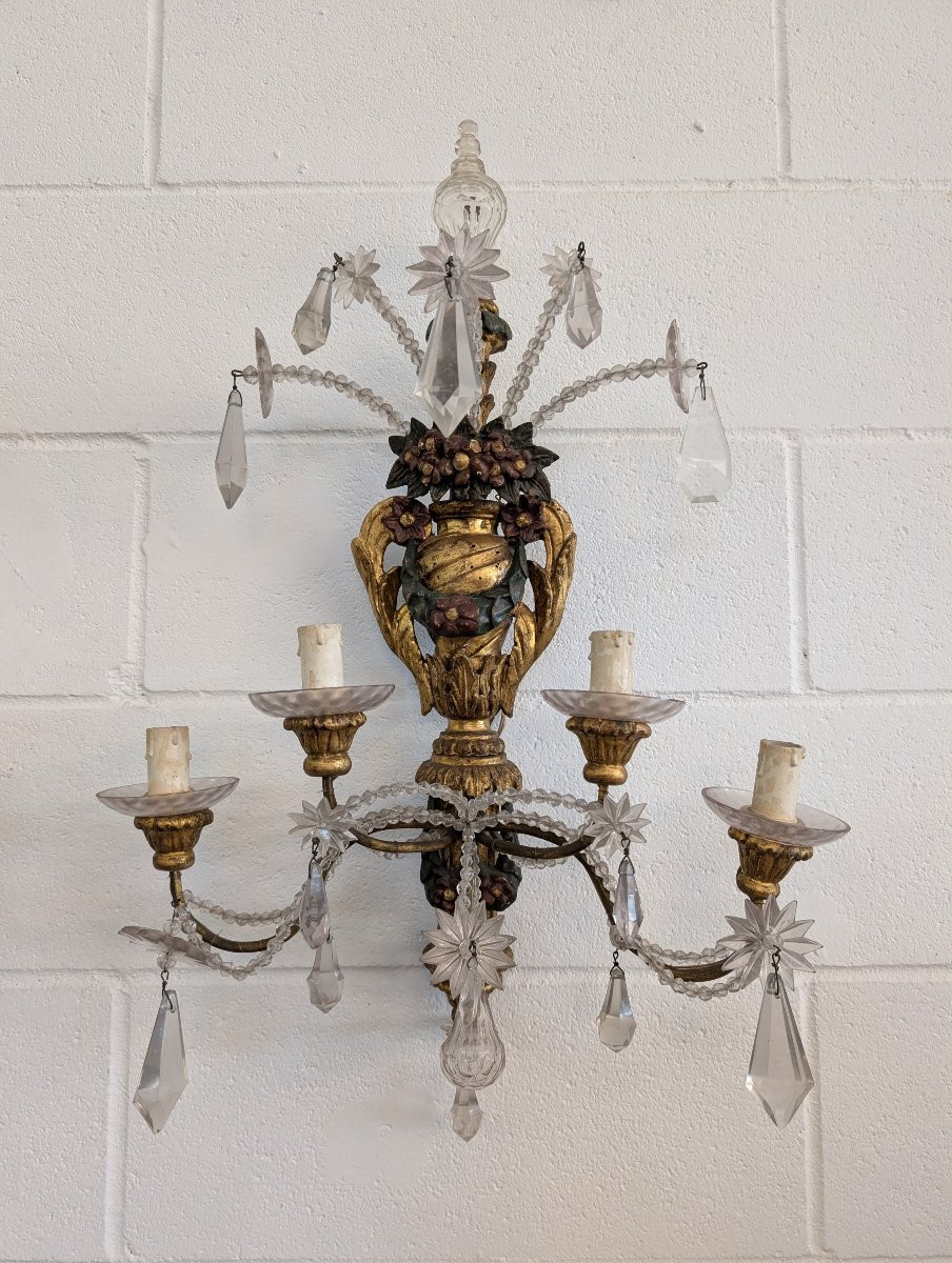 Paire d’appliques génoises en bois doré et laqué, cristal, fin XIXe siècle-photo-3
