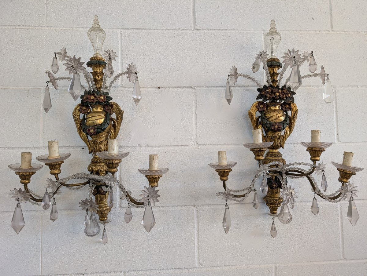 Paire d’appliques génoises en bois doré et laqué, cristal, fin XIXe siècle-photo-4