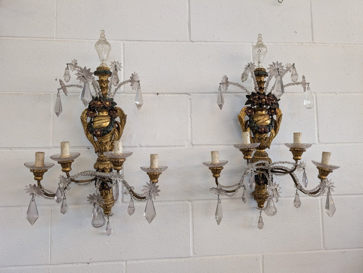 Paire d’appliques génoises en bois doré et laqué, cristal, fin XIXe siècle-photo-8