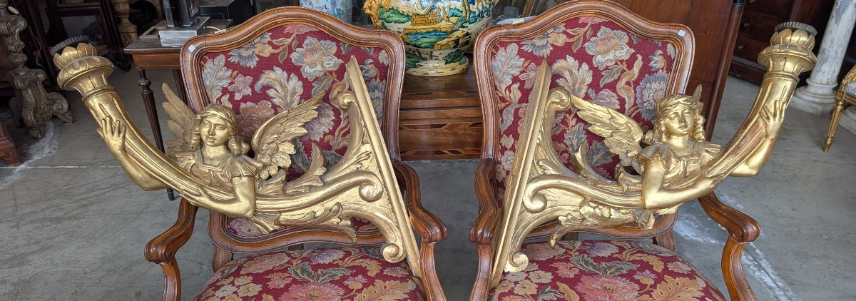 Paire d’anges porte-cierge en bois doré XIXe siècle-photo-1