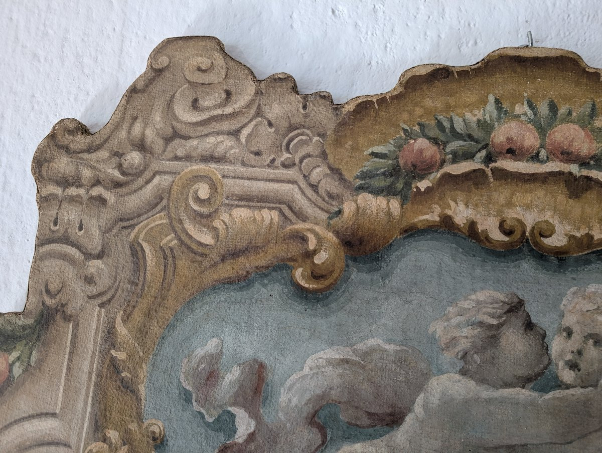 Painted Panel Featuring Cherubs Within A Painted Baroque-style Frame, 20th Century, 125 X 73 Cm-photo-4