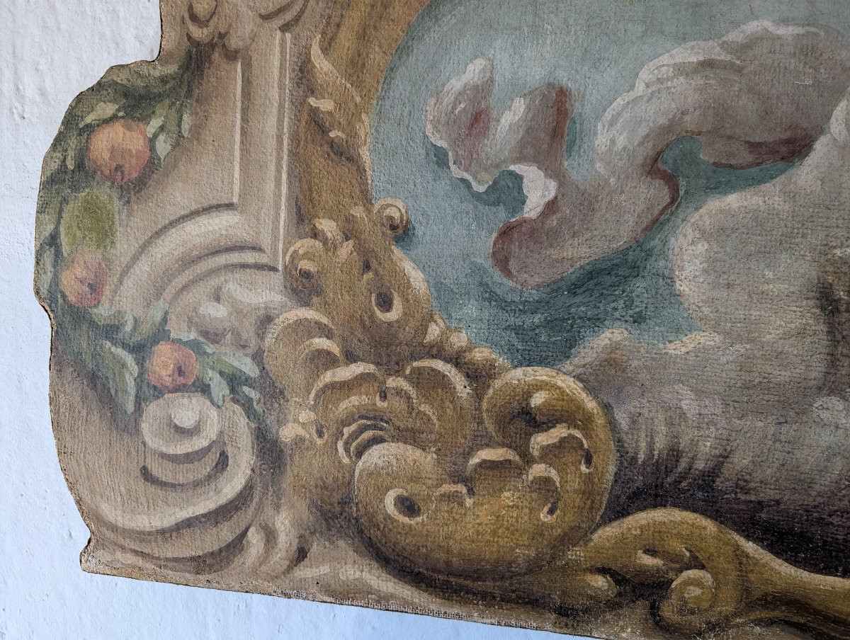 Painted Panel Featuring Cherubs Within A Painted Baroque-style Frame, 20th Century, 125 X 73 Cm-photo-1