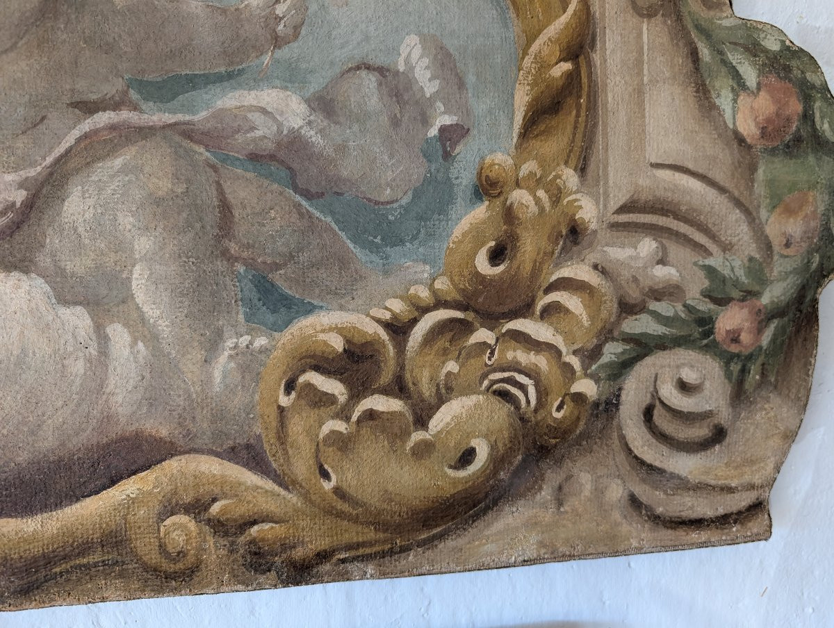 Painted Panel Featuring Cherubs Within A Painted Baroque-style Frame, 20th Century, 125 X 73 Cm-photo-3
