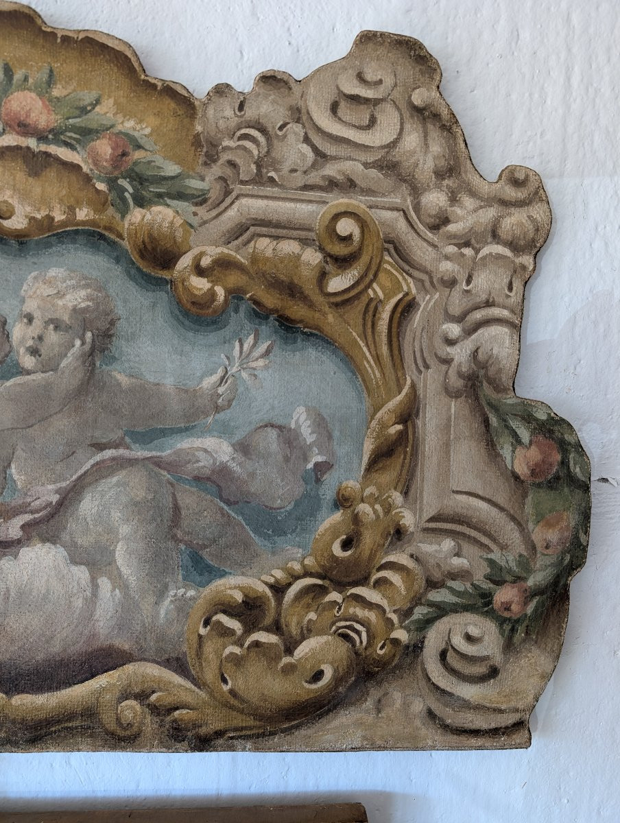 Painted Panel Featuring Cherubs Within A Painted Baroque-style Frame, 20th Century, 125 X 73 Cm-photo-4