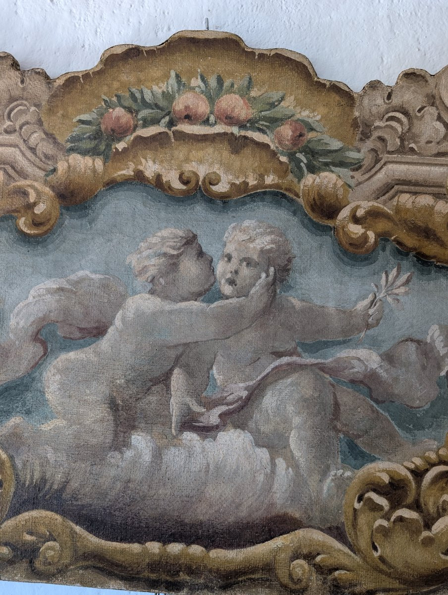 Painted Panel Featuring Cherubs Within A Painted Baroque-style Frame, 20th Century, 125 X 73 Cm-photo-5