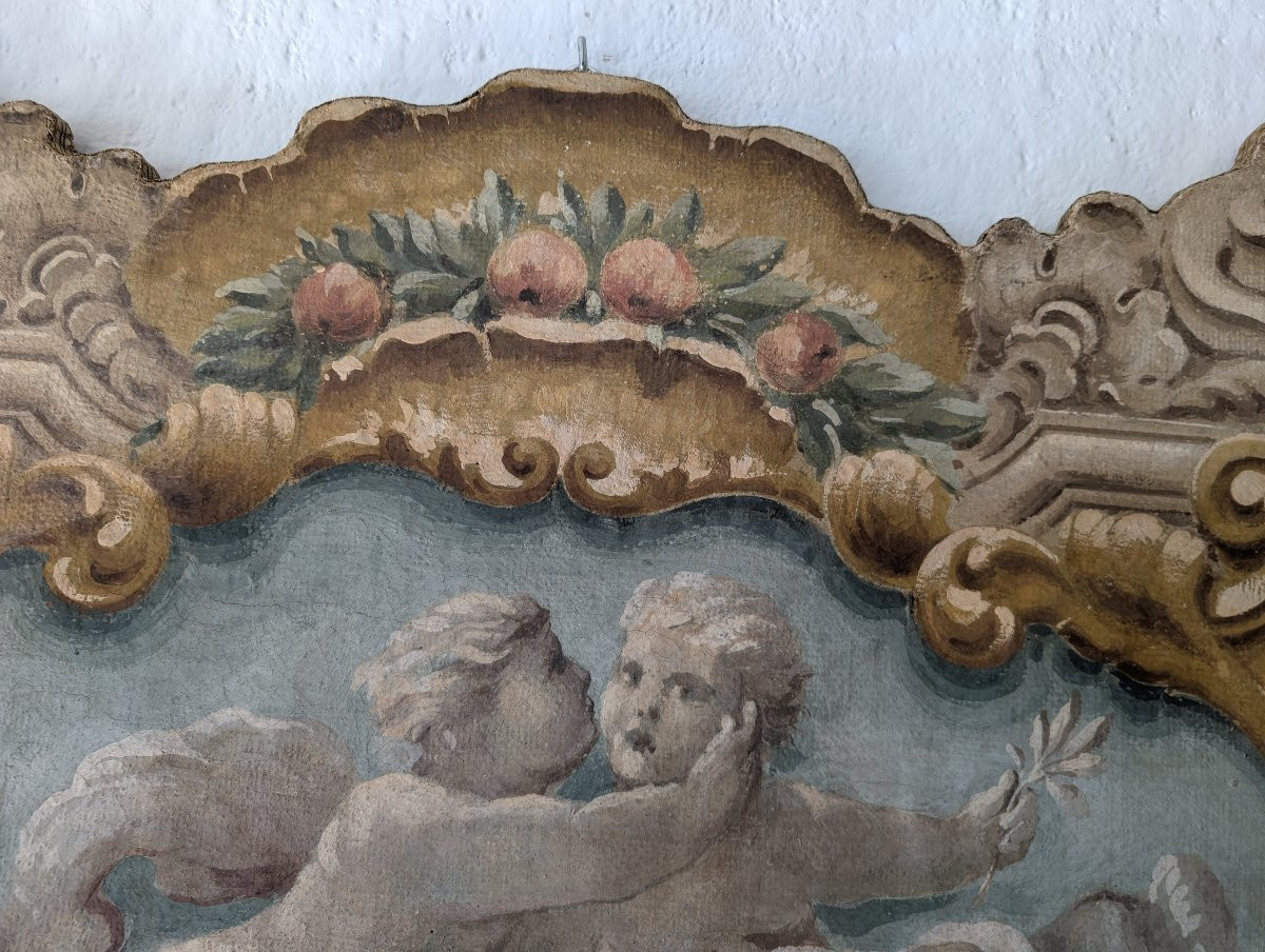 Painted Panel Featuring Cherubs Within A Painted Baroque-style Frame, 20th Century, 125 X 73 Cm-photo-6