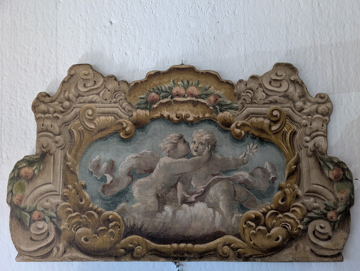Painted Panel Featuring Cherubs Within A Painted Baroque-style Frame, 20th Century, 125 X 73 Cm-photo-7