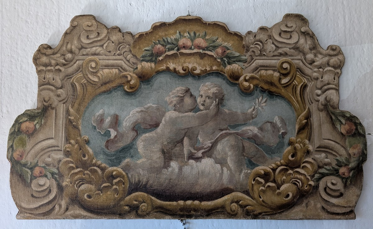 Painted Panel Featuring Cherubs Within A Painted Baroque-style Frame, 20th Century, 125 X 73 Cm