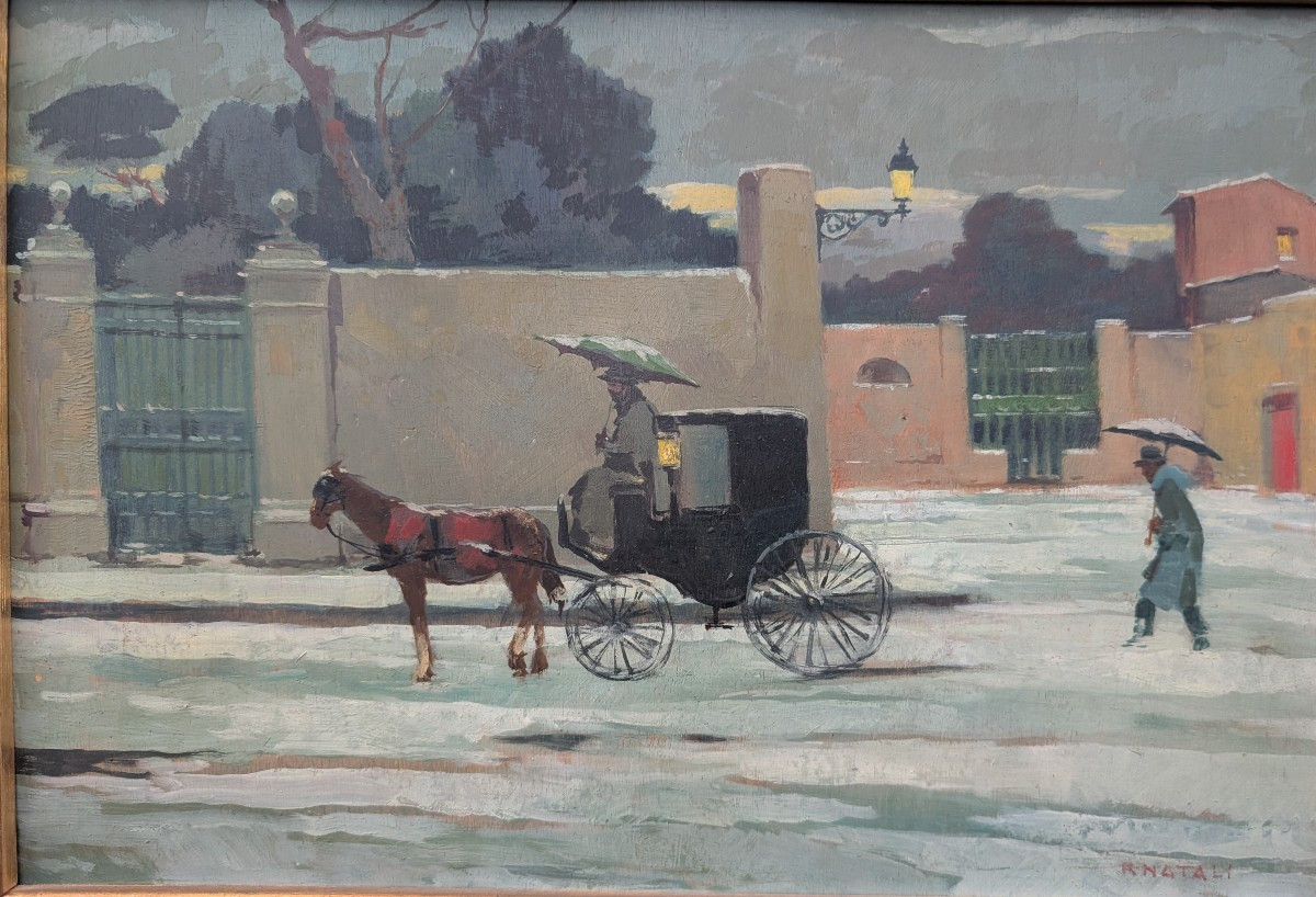 Renato Natali, scène enneigée avec voiture à cheval, années 1960-photo-1