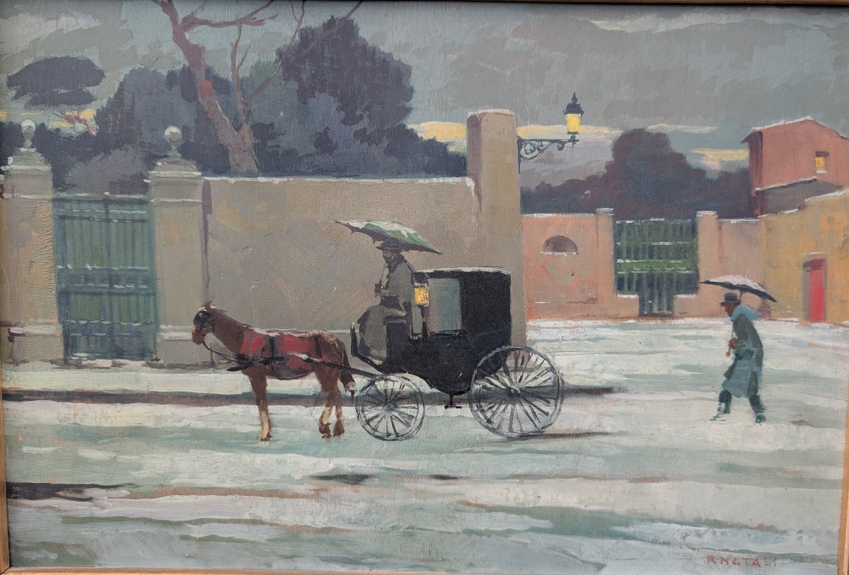 Renato Natali, scène enneigée avec voiture à cheval, années 1960