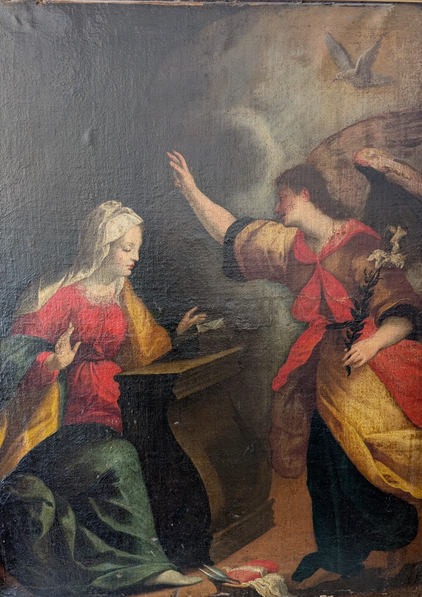 Annonciation, peinture à l’huile sur toile, fin XVIIe siècle, cm 78 x 100
