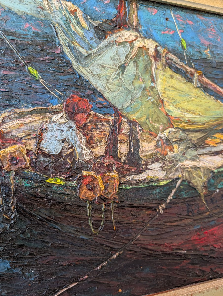Louis Bonamici, barque de pêche, huile sur panneau, XXe siècle-photo-2