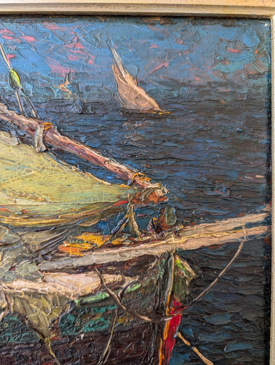 Louis Bonamici, barque de pêche, huile sur panneau, XXe siècle-photo-4