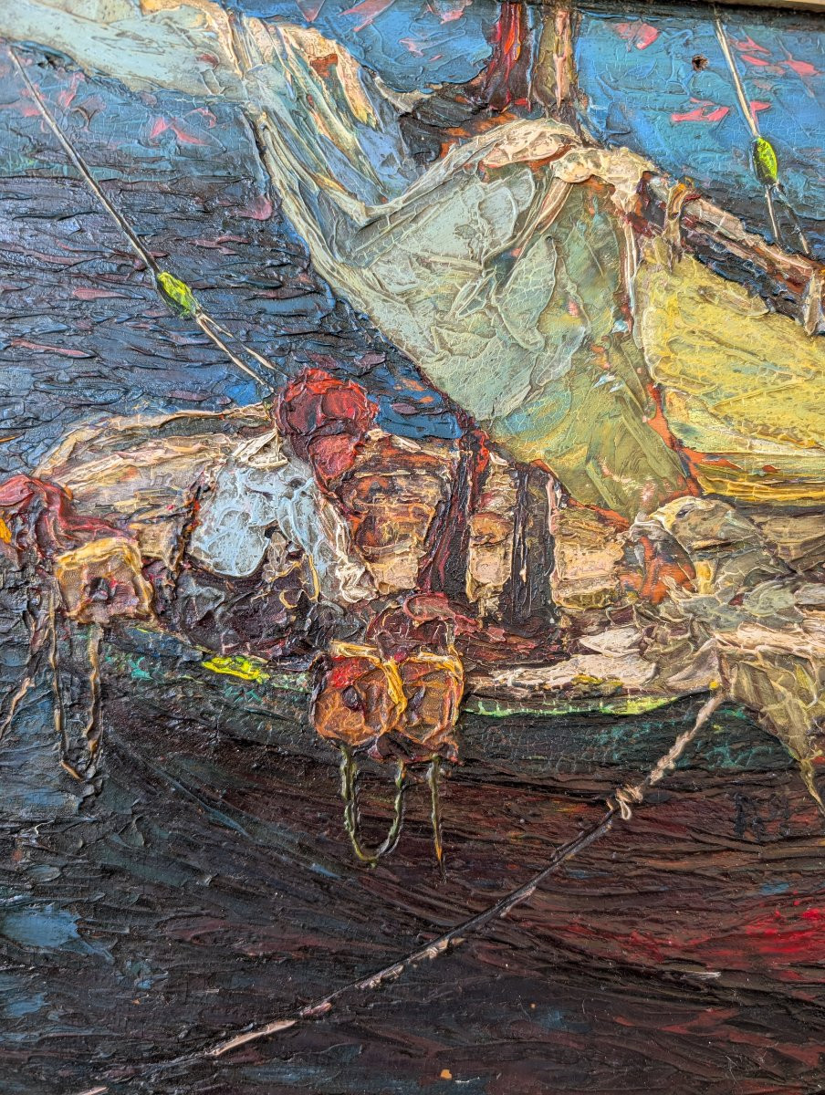Louis Bonamici, barque de pêche, huile sur panneau, XXe siècle-photo-1