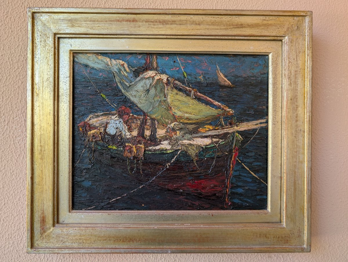 Louis Bonamici, barque de pêche, huile sur panneau, XXe siècle-photo-2