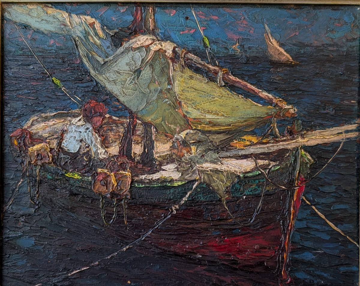 Louis Bonamici, barque de pêche, huile sur panneau, XXe siècle-photo-4