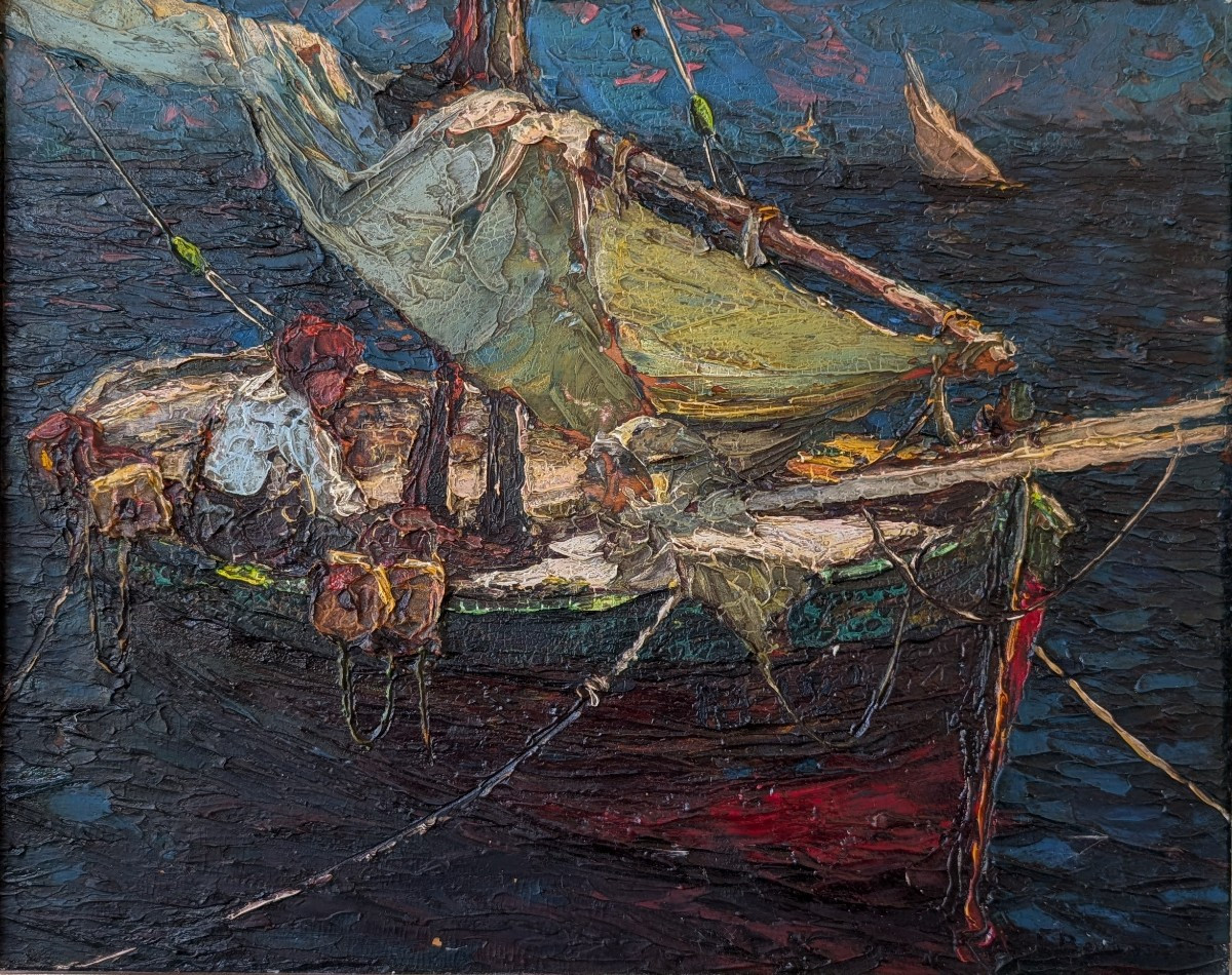 Louis Bonamici, barque de pêche, huile sur panneau, XXe siècle