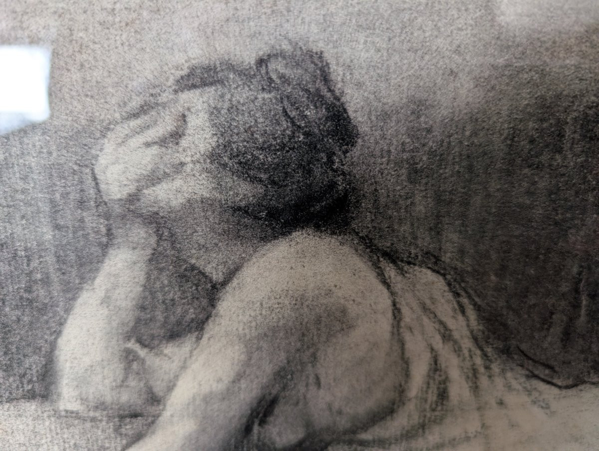Henri Sollier – Dessin Sur Papier Dans Un Cadre Avec Incrustations En Pierres Dures Début XXe S-photo-1