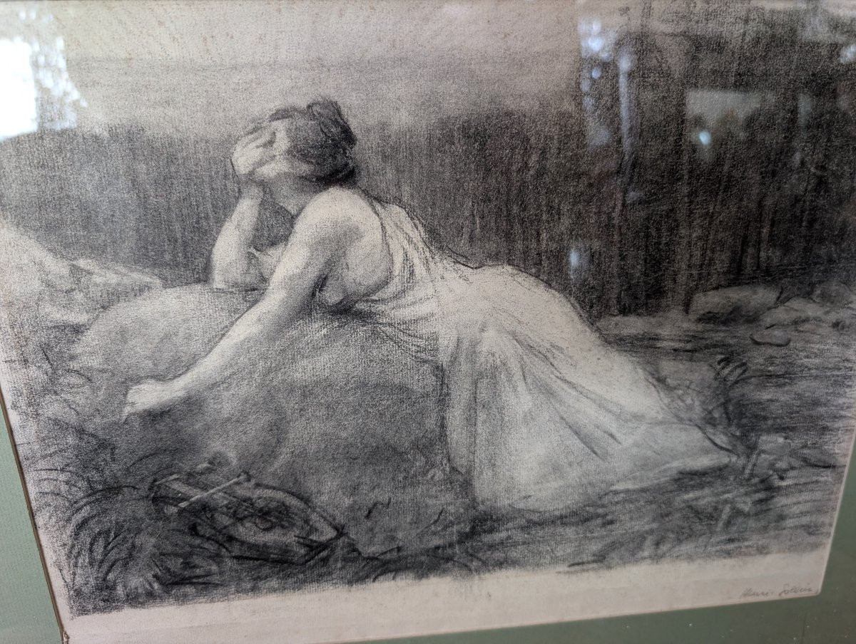 Henri Sollier – Dessin Sur Papier Dans Un Cadre Avec Incrustations En Pierres Dures Début XXe S-photo-4