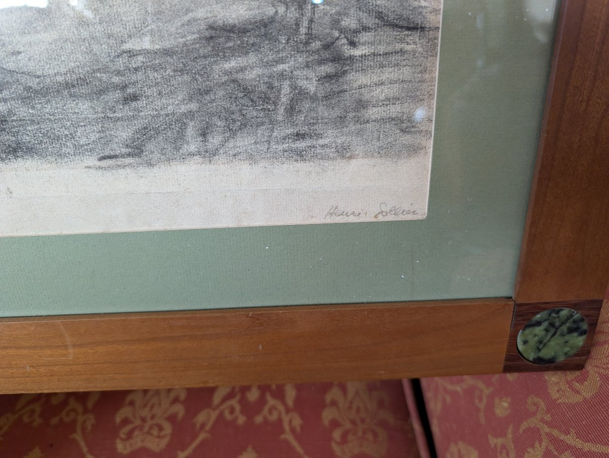 Henri Sollier – Dessin Sur Papier Dans Un Cadre Avec Incrustations En Pierres Dures Début XXe S-photo-5