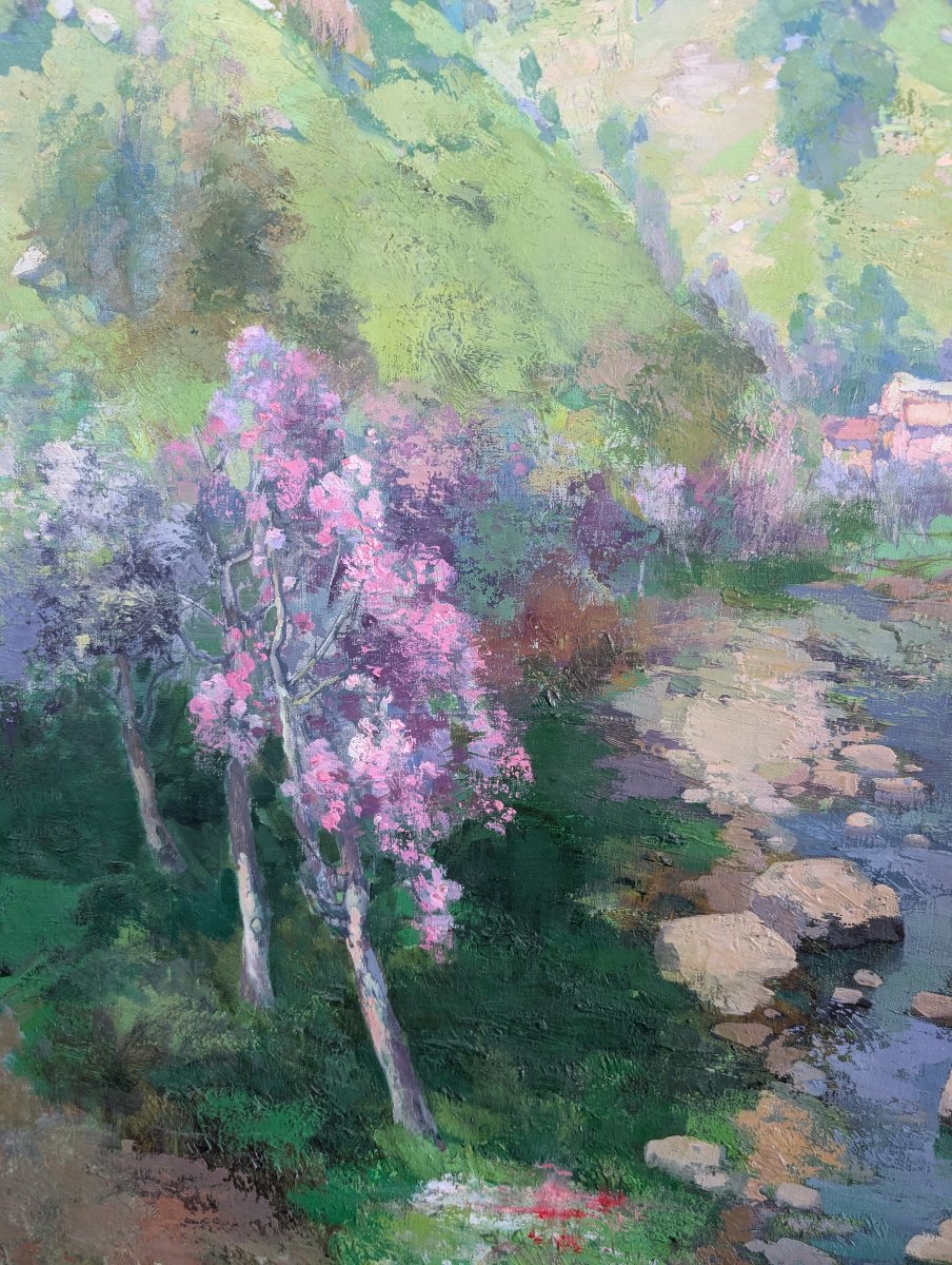 Giuseppe Pesa – Large Mountain Landscape With Stream, Oil On Canvas, Mid-20th Century-photo-2
