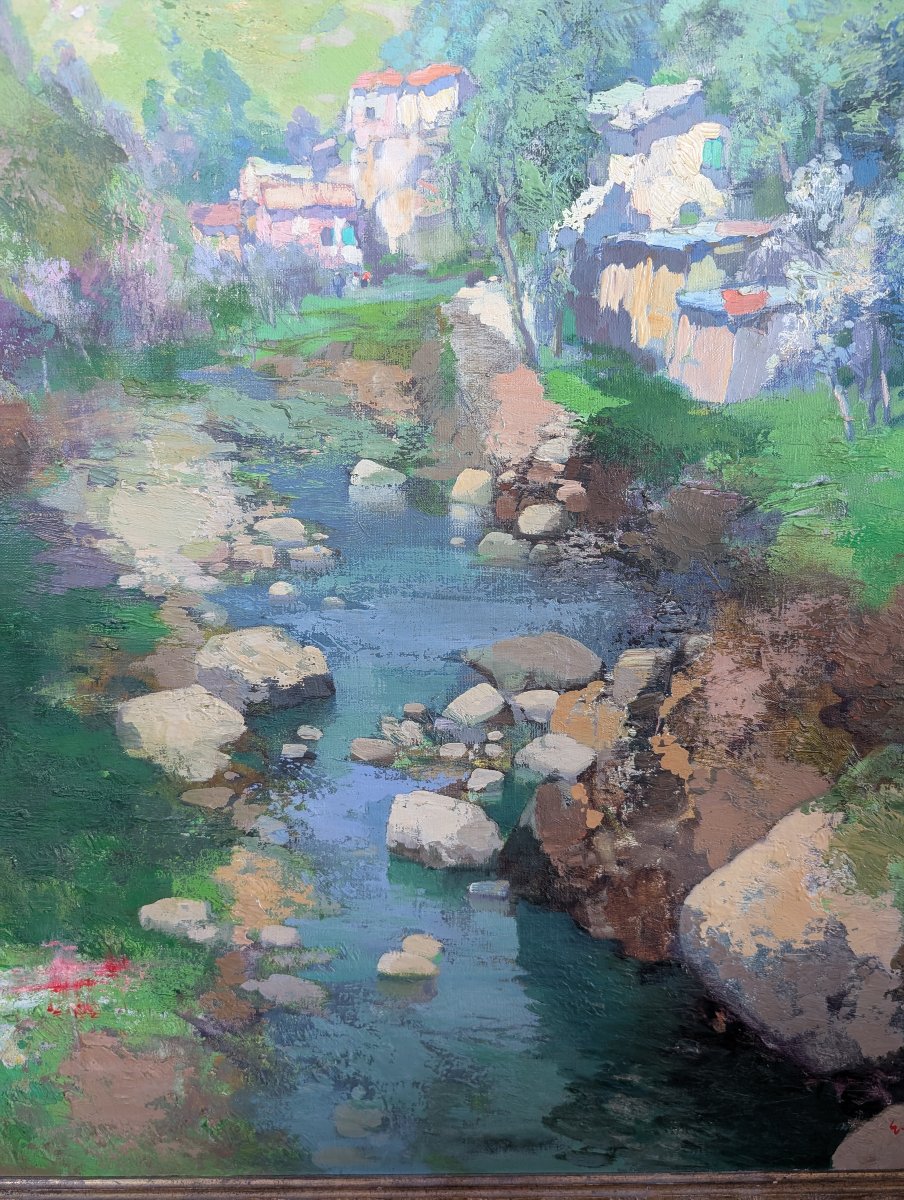 Giuseppe Pesa – Large Mountain Landscape With Stream, Oil On Canvas, Mid-20th Century-photo-3
