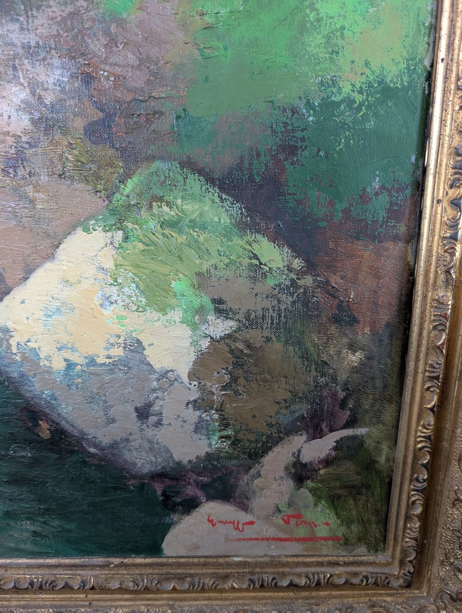 Giuseppe Pesa – Large Mountain Landscape With Stream, Oil On Canvas, Mid-20th Century-photo-4