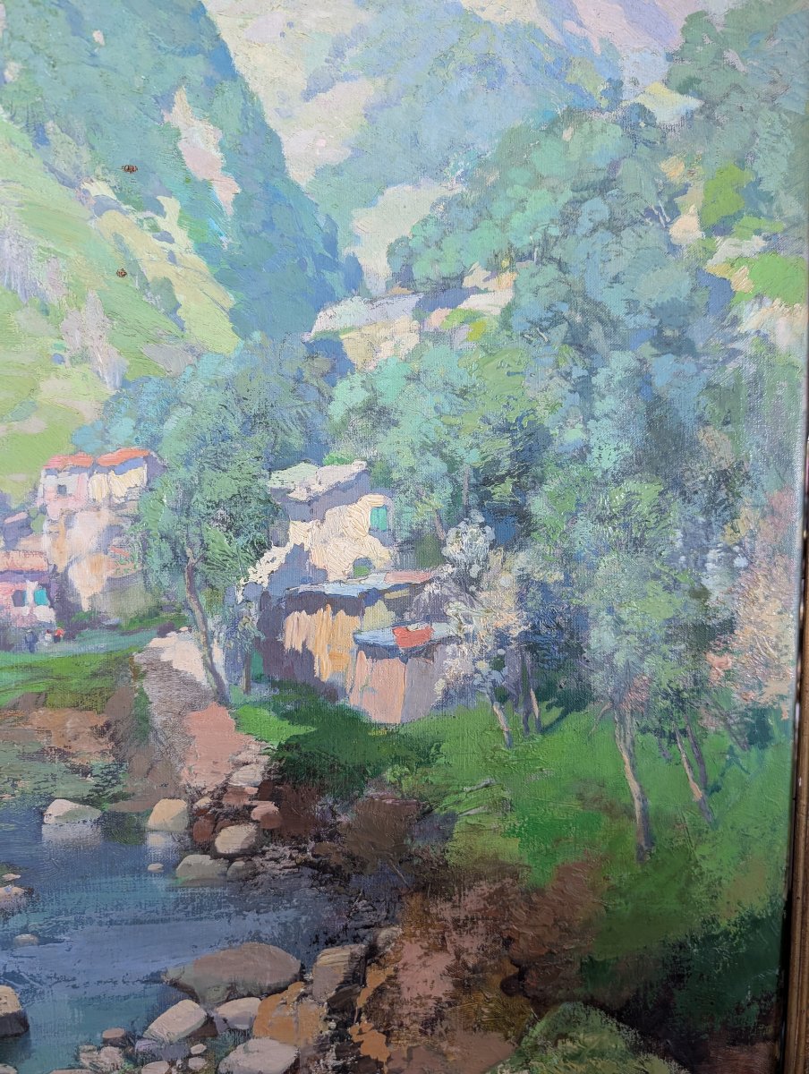 Giuseppe Pesa – Large Mountain Landscape With Stream, Oil On Canvas, Mid-20th Century-photo-3