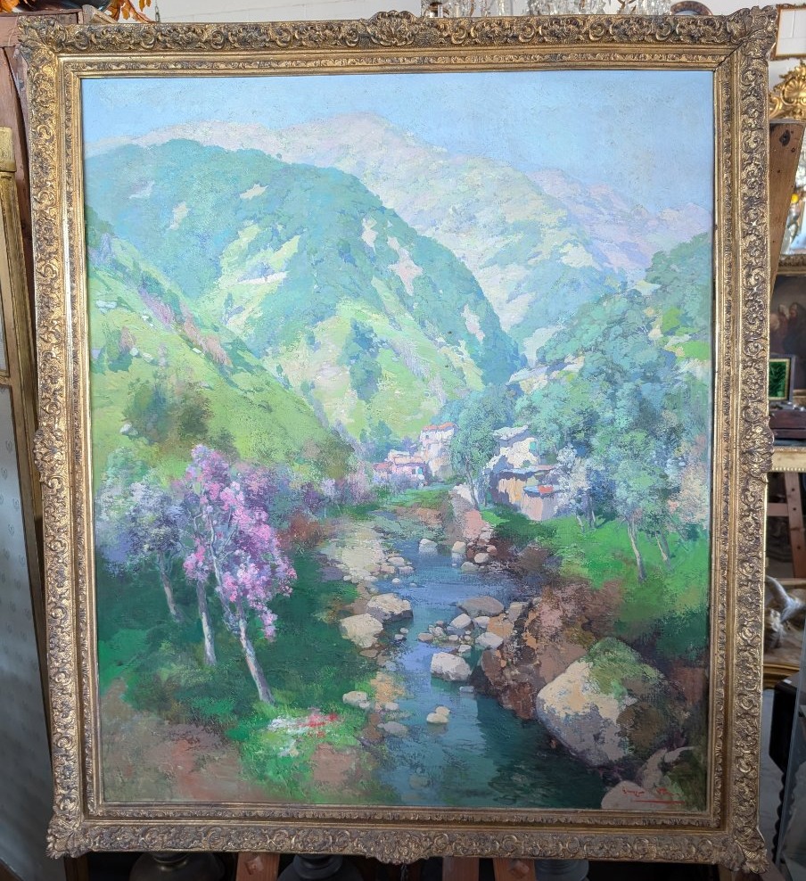 Giuseppe Pesa – Large Mountain Landscape With Stream, Oil On Canvas, Mid-20th Century-photo-4