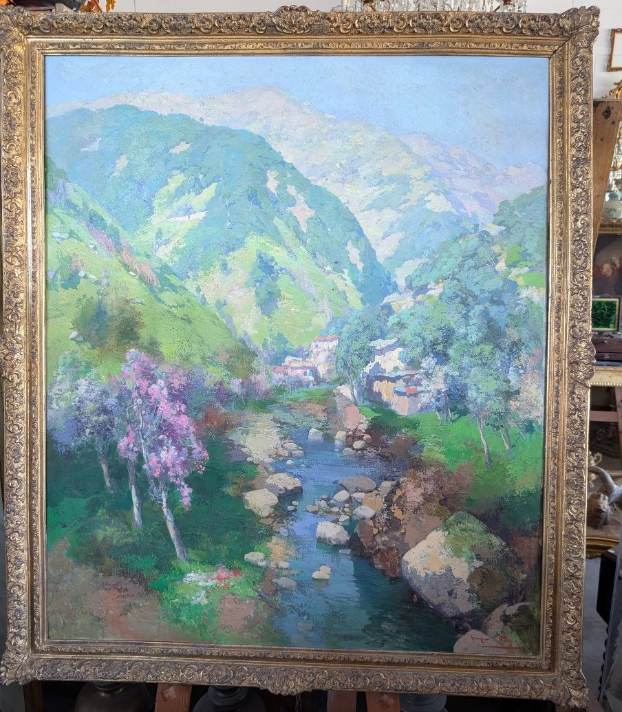 Giuseppe Pesa – Large Mountain Landscape With Stream, Oil On Canvas, Mid-20th Century-photo-5