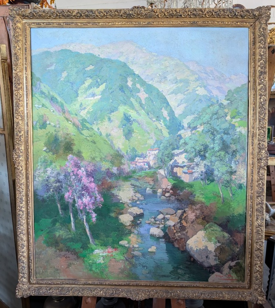 Giuseppe Pesa – Large Mountain Landscape With Stream, Oil On Canvas, Mid-20th Century