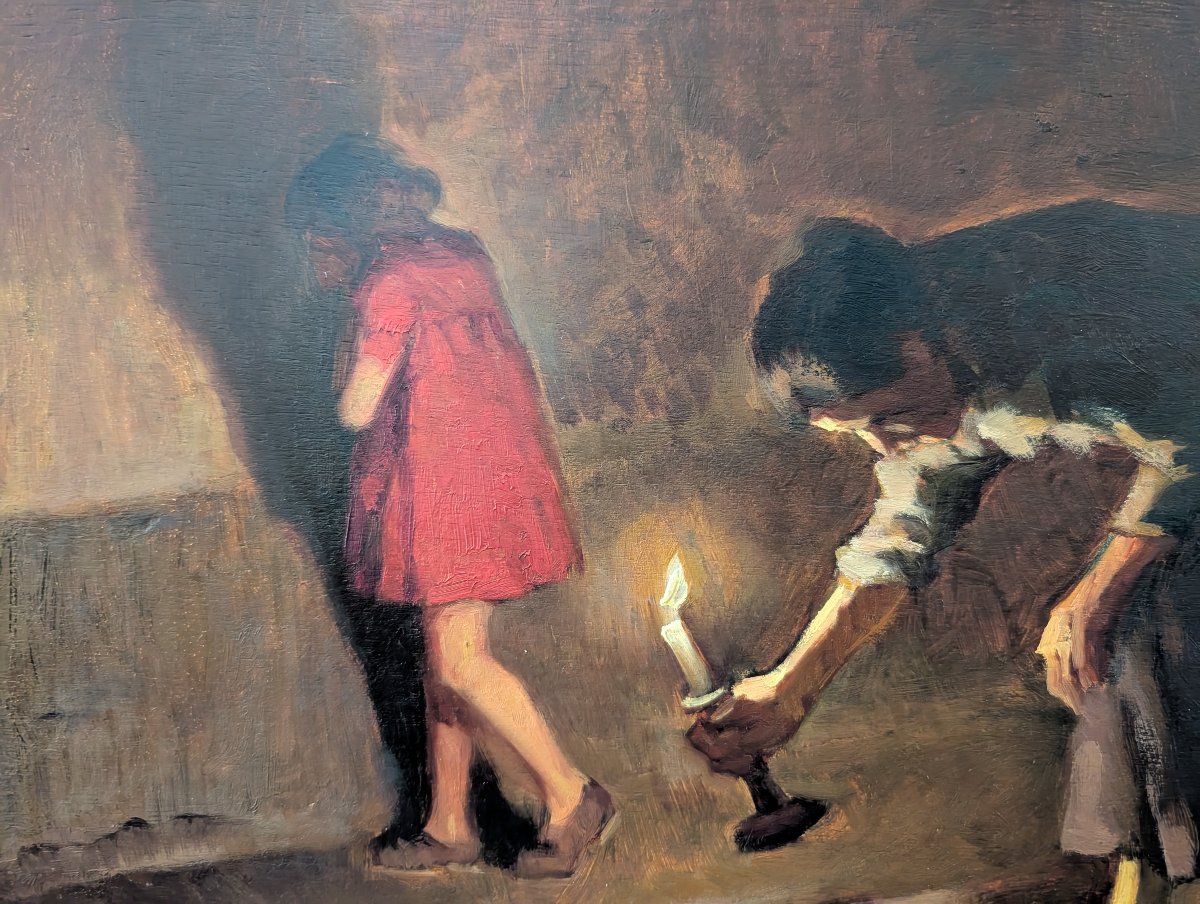 Cafiero Filippelli – Intérieur Nocturne aux Figures, Huile sur Panneau, Années 1930-photo-3