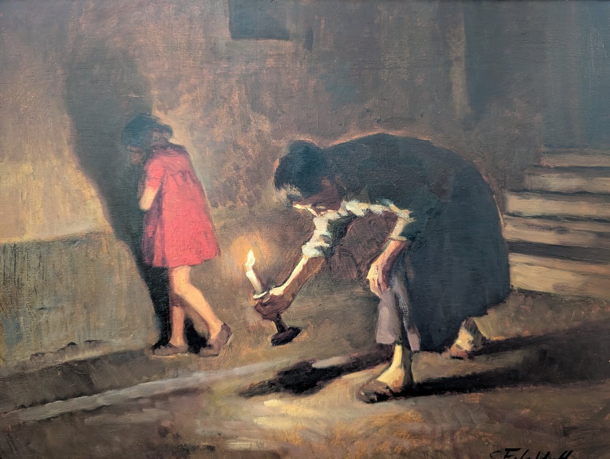 Cafiero Filippelli – Intérieur Nocturne aux Figures, Huile sur Panneau, Années 1930-photo-2