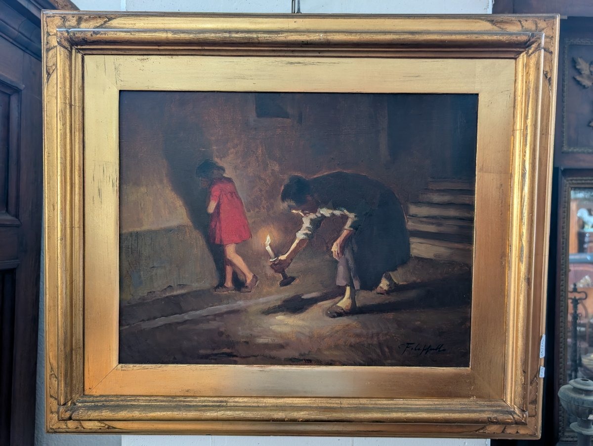 Cafiero Filippelli – Intérieur Nocturne aux Figures, Huile sur Panneau, Années 1930-photo-3