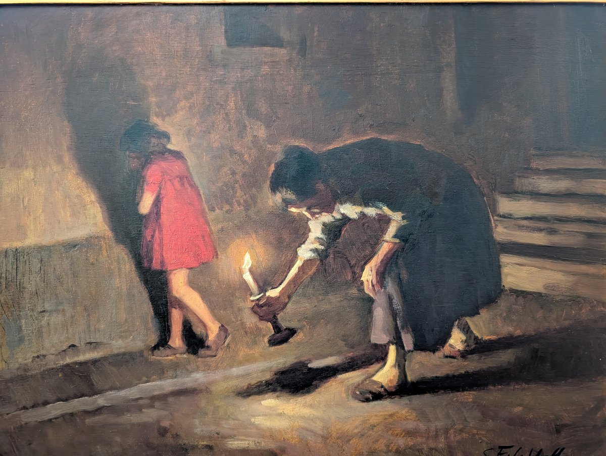 Cafiero Filippelli – Intérieur Nocturne aux Figures, Huile sur Panneau, Années 1930