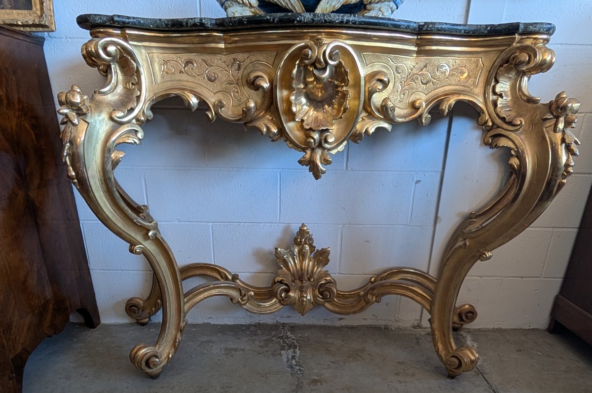 Large Gilded Tuscan Console Table With Green Alpi Marble Top – 19th Century-photo-2
