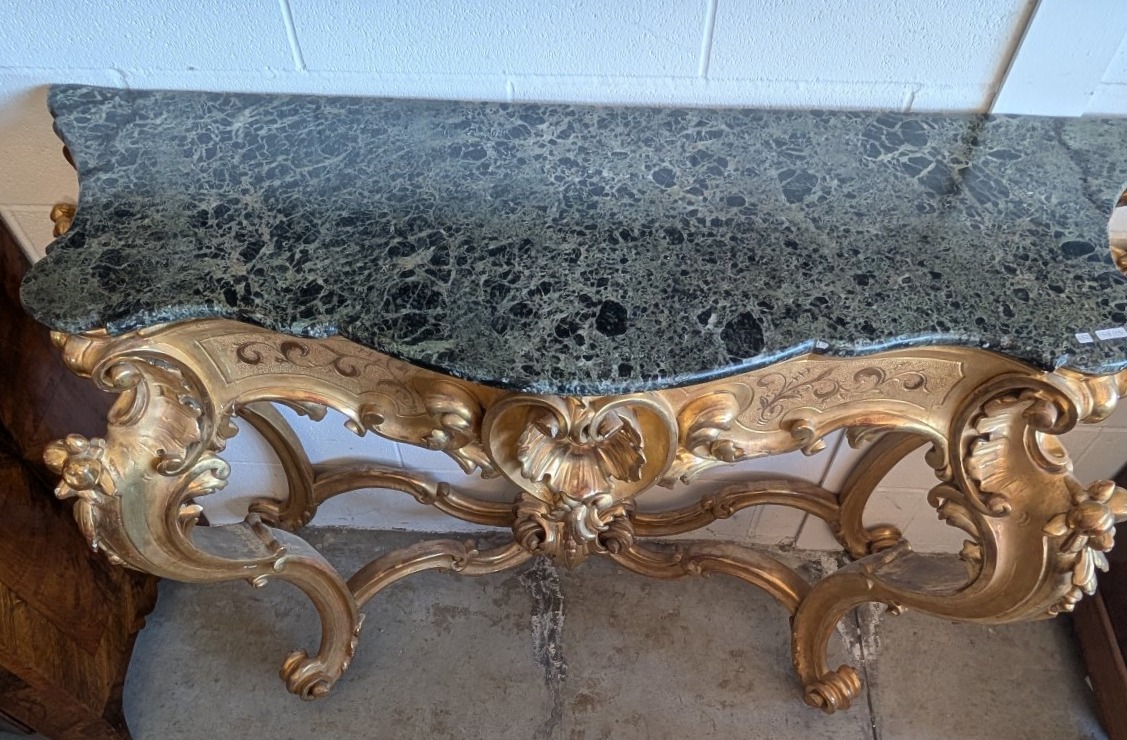 Large Gilded Tuscan Console Table With Green Alpi Marble Top – 19th Century-photo-3