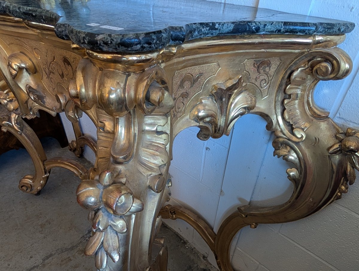 Large Gilded Tuscan Console Table With Green Alpi Marble Top – 19th Century-photo-4