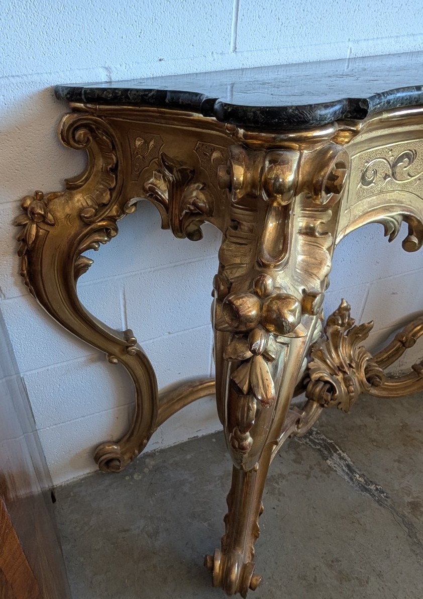 Large Gilded Tuscan Console Table With Green Alpi Marble Top – 19th Century-photo-1