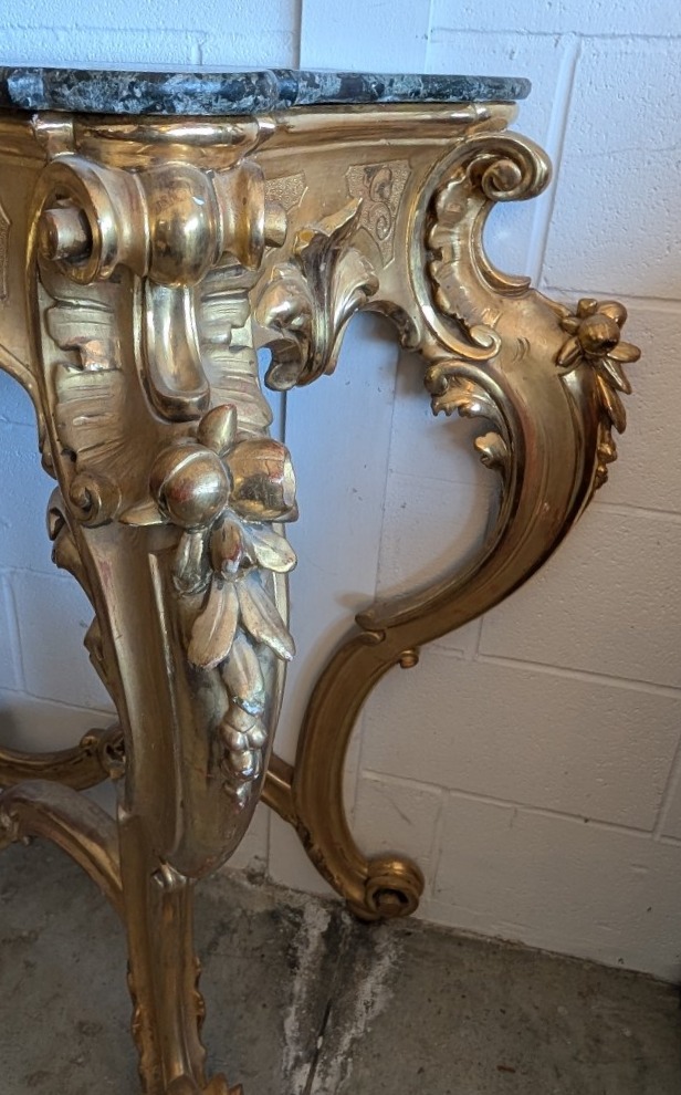 Large Gilded Tuscan Console Table With Green Alpi Marble Top – 19th Century-photo-2