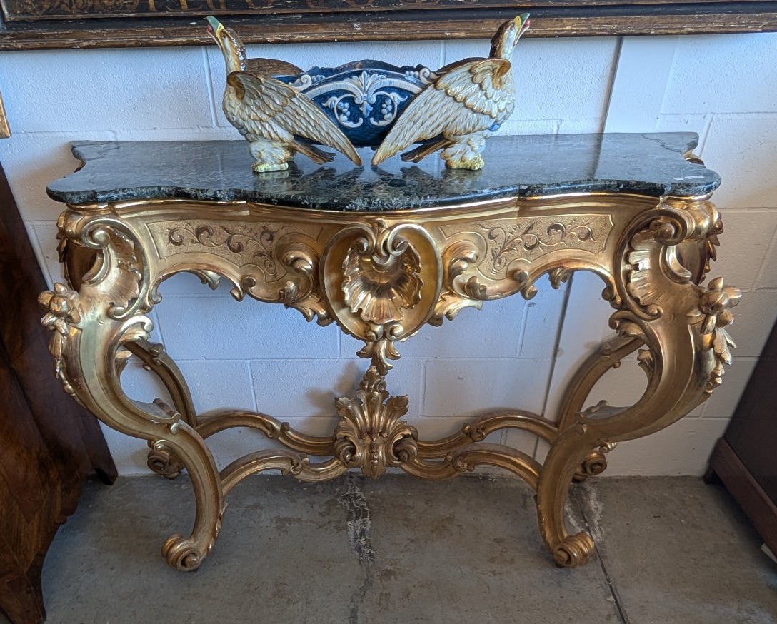 Large Gilded Tuscan Console Table With Green Alpi Marble Top – 19th Century-photo-5