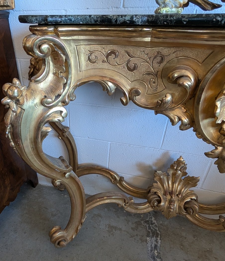 Large Gilded Tuscan Console Table With Green Alpi Marble Top – 19th Century-photo-7