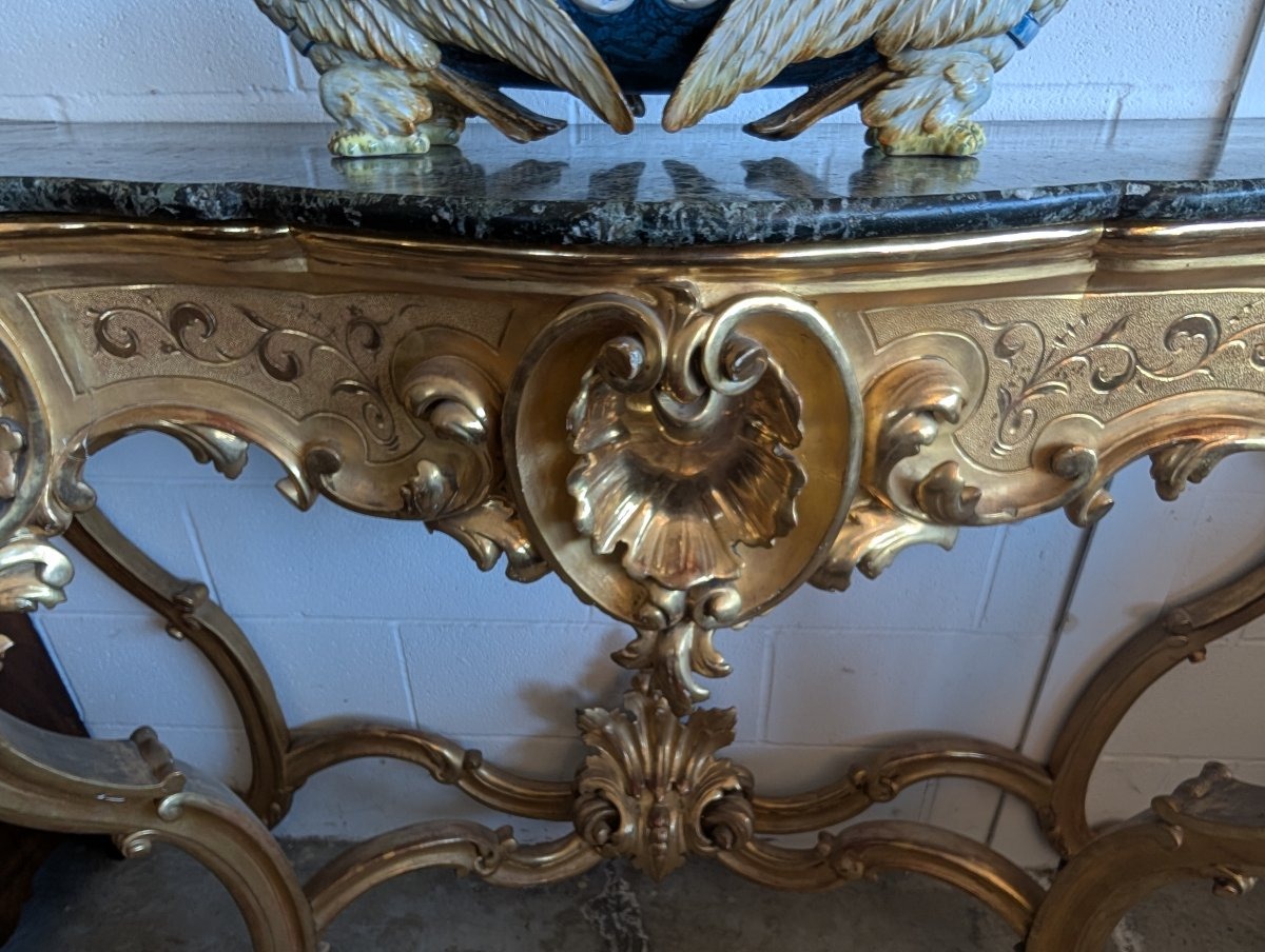 Large Gilded Tuscan Console Table With Green Alpi Marble Top – 19th Century-photo-8
