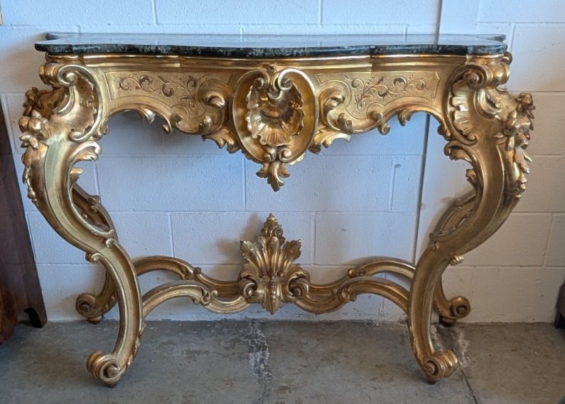 Large Gilded Tuscan Console Table With Green Alpi Marble Top – 19th Century