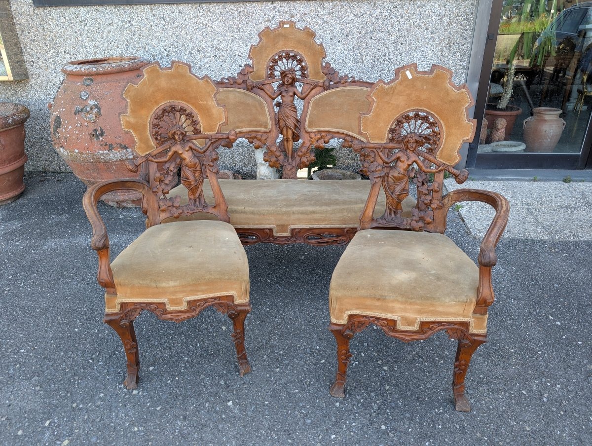 Art Nouveau Walnut Parlour Suite With Carved Female Figures, Late 19th Century-photo-3