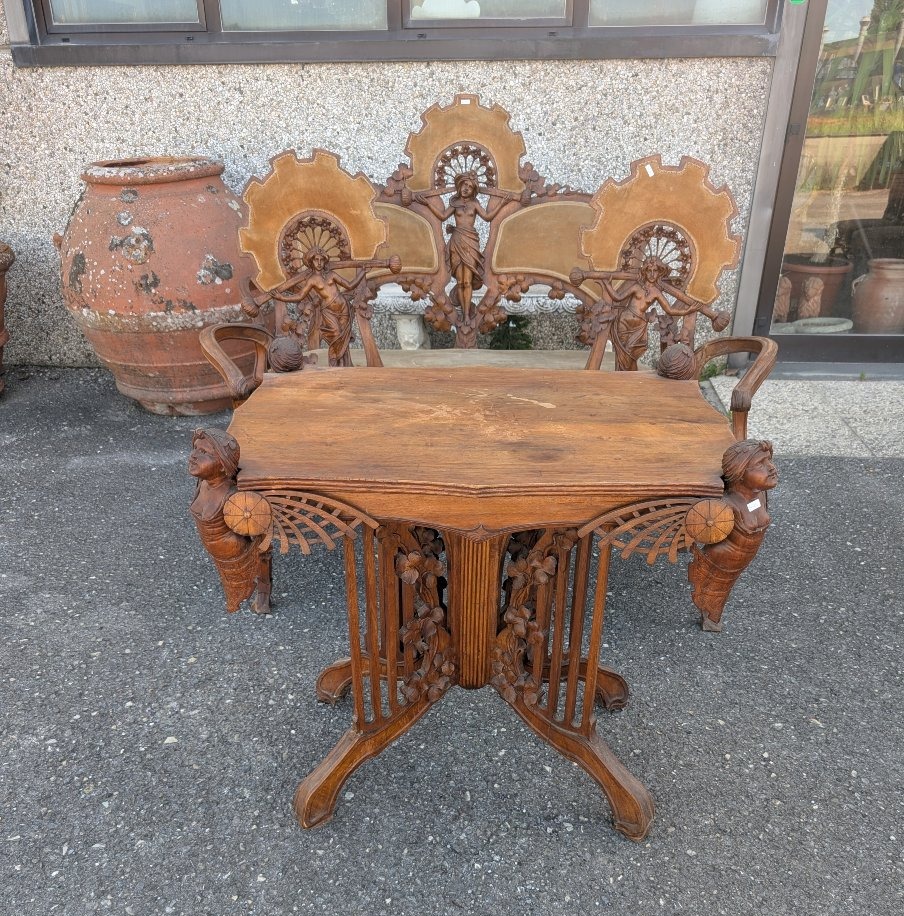 Art Nouveau Walnut Parlour Suite With Carved Female Figures, Late 19th Century-photo-4