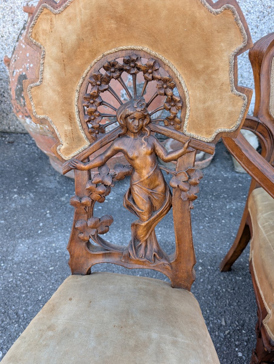 Art Nouveau Walnut Parlour Suite With Carved Female Figures, Late 19th Century-photo-5
