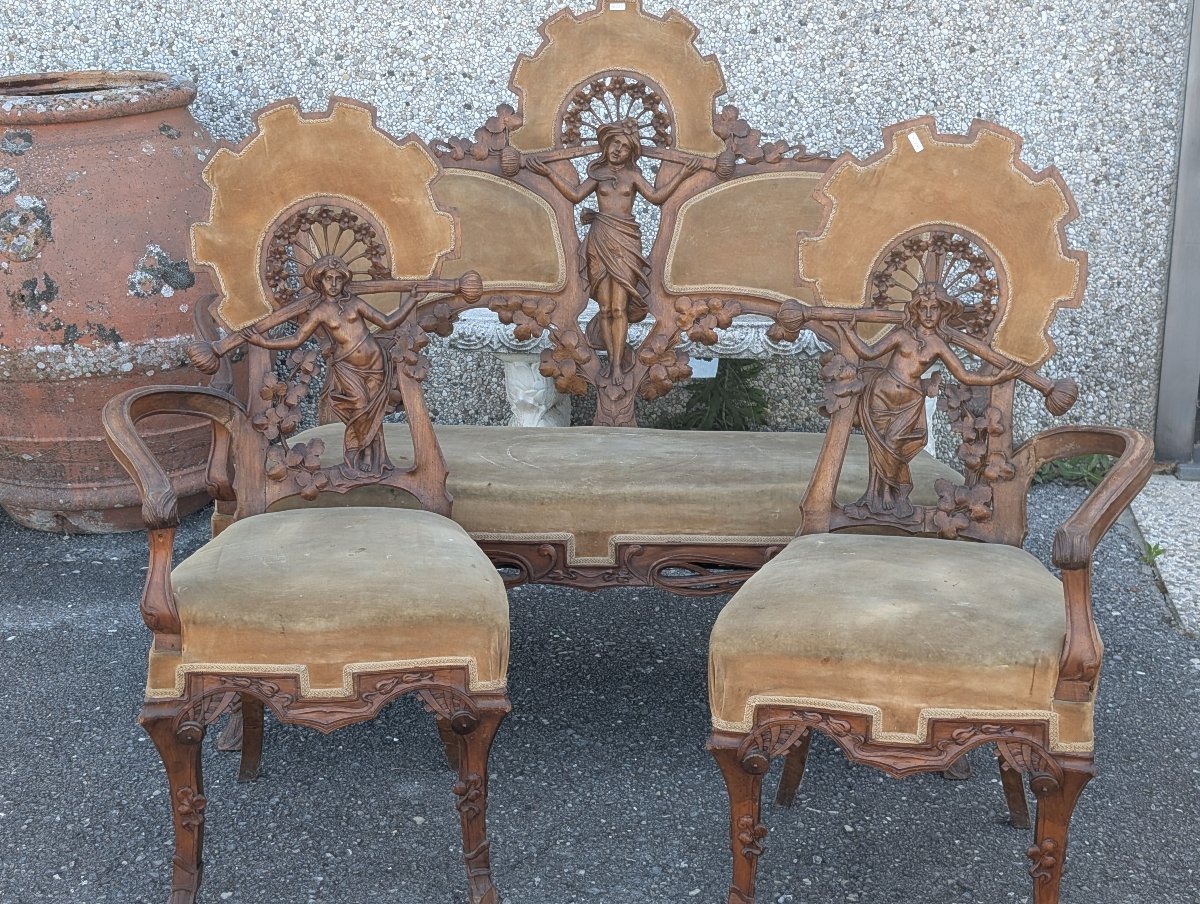 Art Nouveau Walnut Parlour Suite With Carved Female Figures, Late 19th Century-photo-7