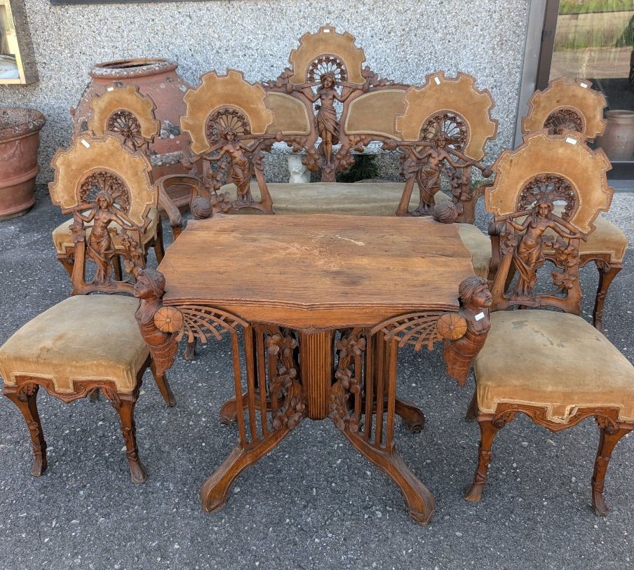 Art Nouveau Walnut Parlour Suite With Carved Female Figures, Late 19th Century-photo-8
