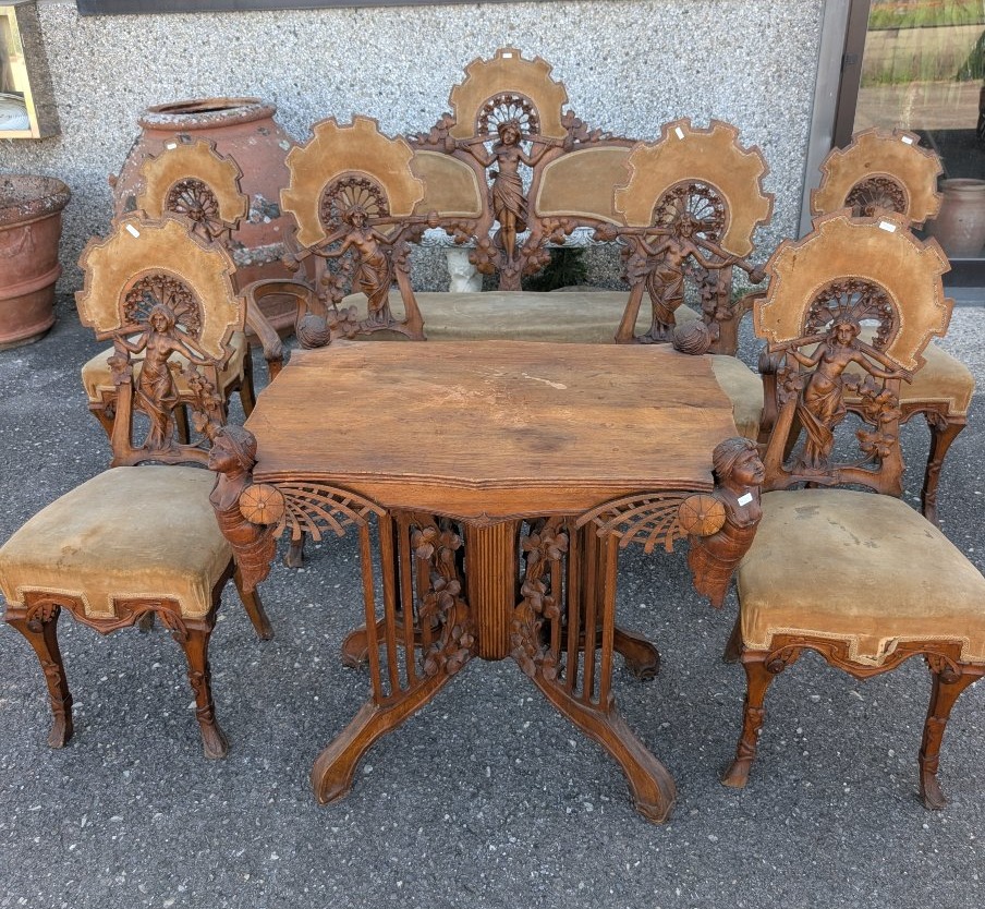 Art Nouveau Walnut Parlour Suite With Carved Female Figures, Late 19th Century